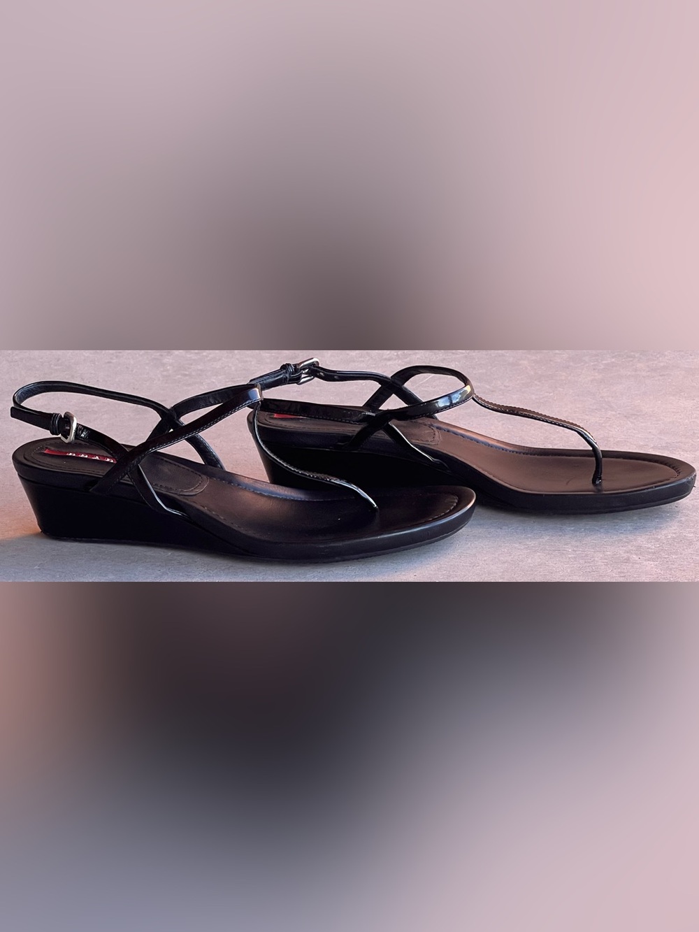 Prada Linea Rossa Black Patent Leather T-Strap Wedge Sandals Size 38.5 Italy - Picture 5 of 11